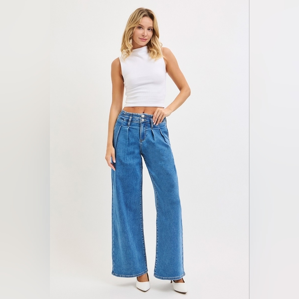 Risen MR Medium Wash Wide Leg Jeans Pleated Double Button Retro 80's Various NEW - Picture 2 of 15